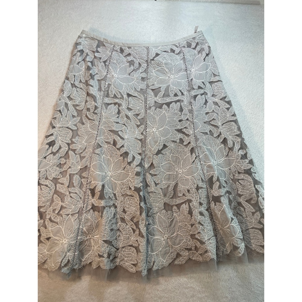 Peter Nygard Grey Floral Embroidered Mesh Midi A-Line Skirt Size 12